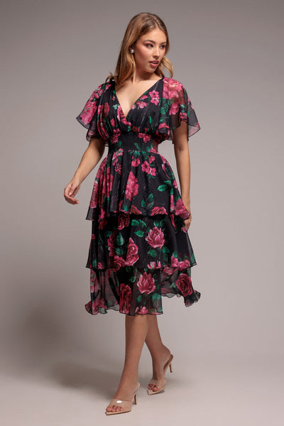 Blackfloral - Black Floral Layered Flutter Sleeve A-Line Midi Dress by Goddiva