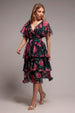 Black Floral Layered Flutter Sleeve A-Line Midi Dress by Goddiva