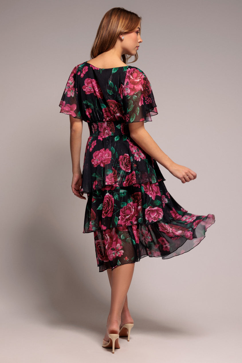 Black Floral Layered Flutter Sleeve A-Line Midi Dress DR3219QZ