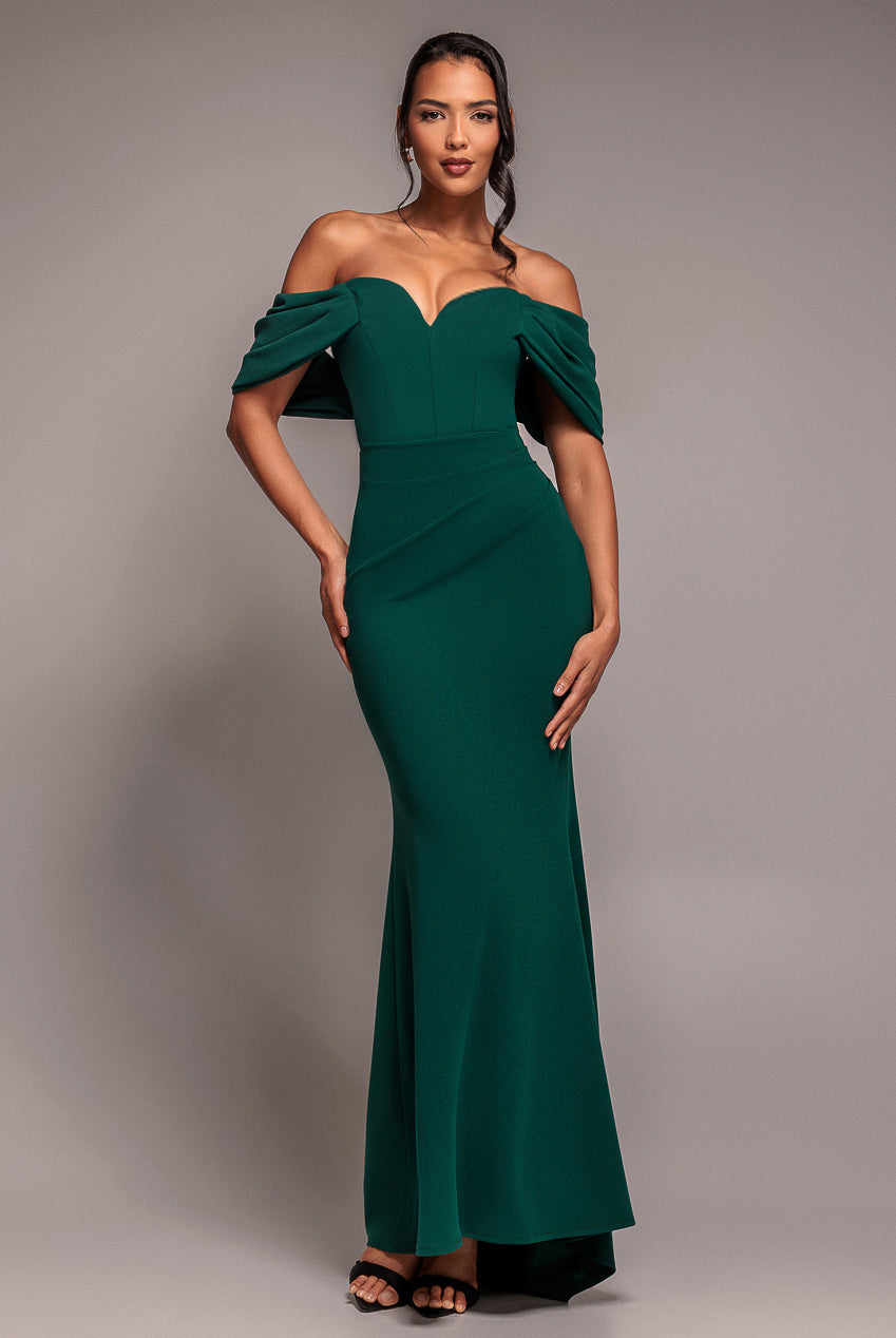 Emerald Green Off-Shoulder Draped Sleeve Maxi Dress DR3259