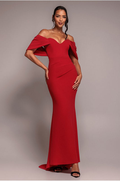 Red Off-Shoulder Draped Sleeve Maxi Dress by Goddiva