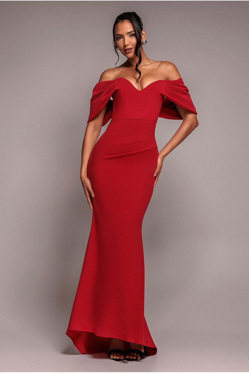 Red Off-Shoulder Draped Sleeve Maxi Dress DR3259