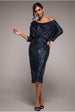 Navy Embellished Sequin Cowl Neck Cocktail Midi Dress by Goddiva