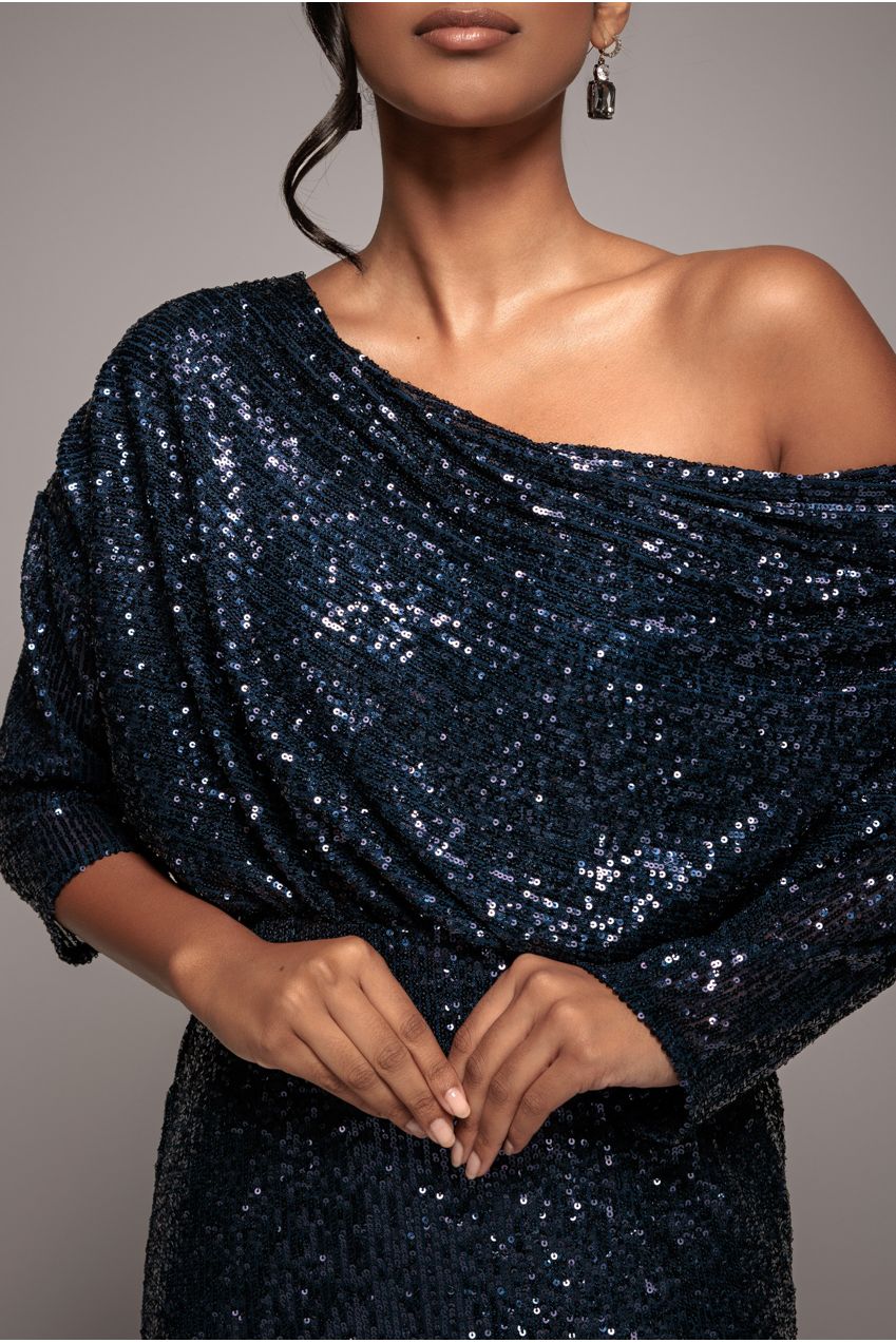 Navy Embellished Sequin Cowl Neck Cocktail Midi Dress DR3321