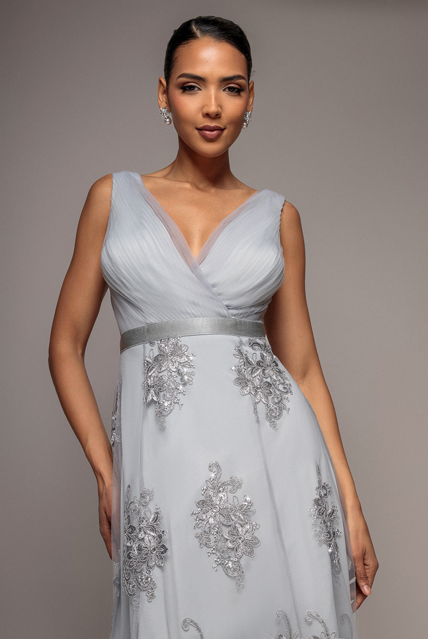 Grey Lace & Sequin Bodice Pleated High-Low Midi Dress DR3337QZ