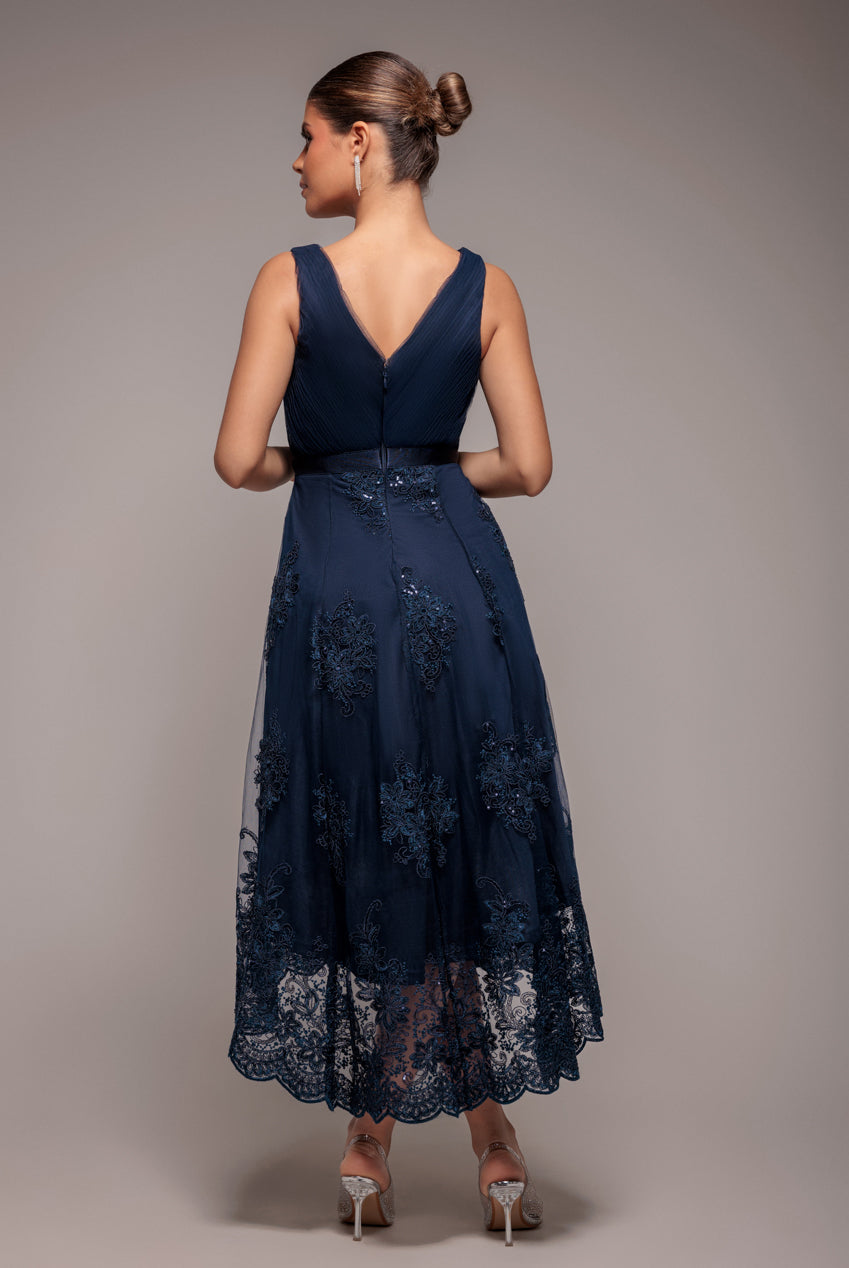 Navy Lace & Sequin Bodice Pleated High-Low Midi Dress DR3337QZ