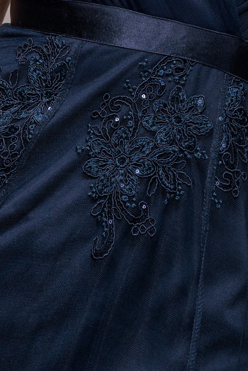 Navy Lace & Sequin Bodice Pleated High-Low Midi Dress DR3337QZ