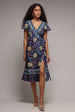 Navy Floral Print Satin Wrap Flutter Sleeve Midi Dress by Goddiva