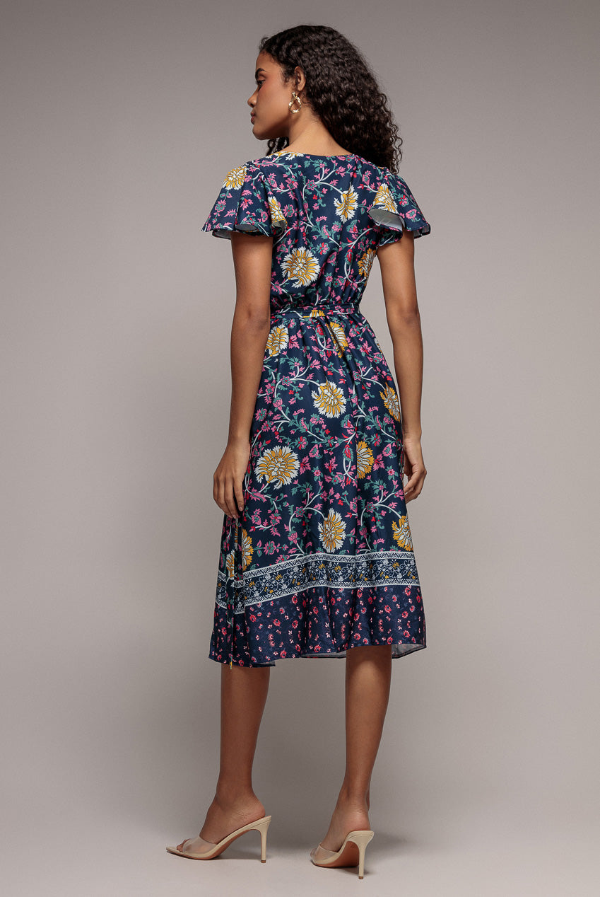 Navy Floral Print Satin Wrap Flutter Sleeve Midi Dress DR3440