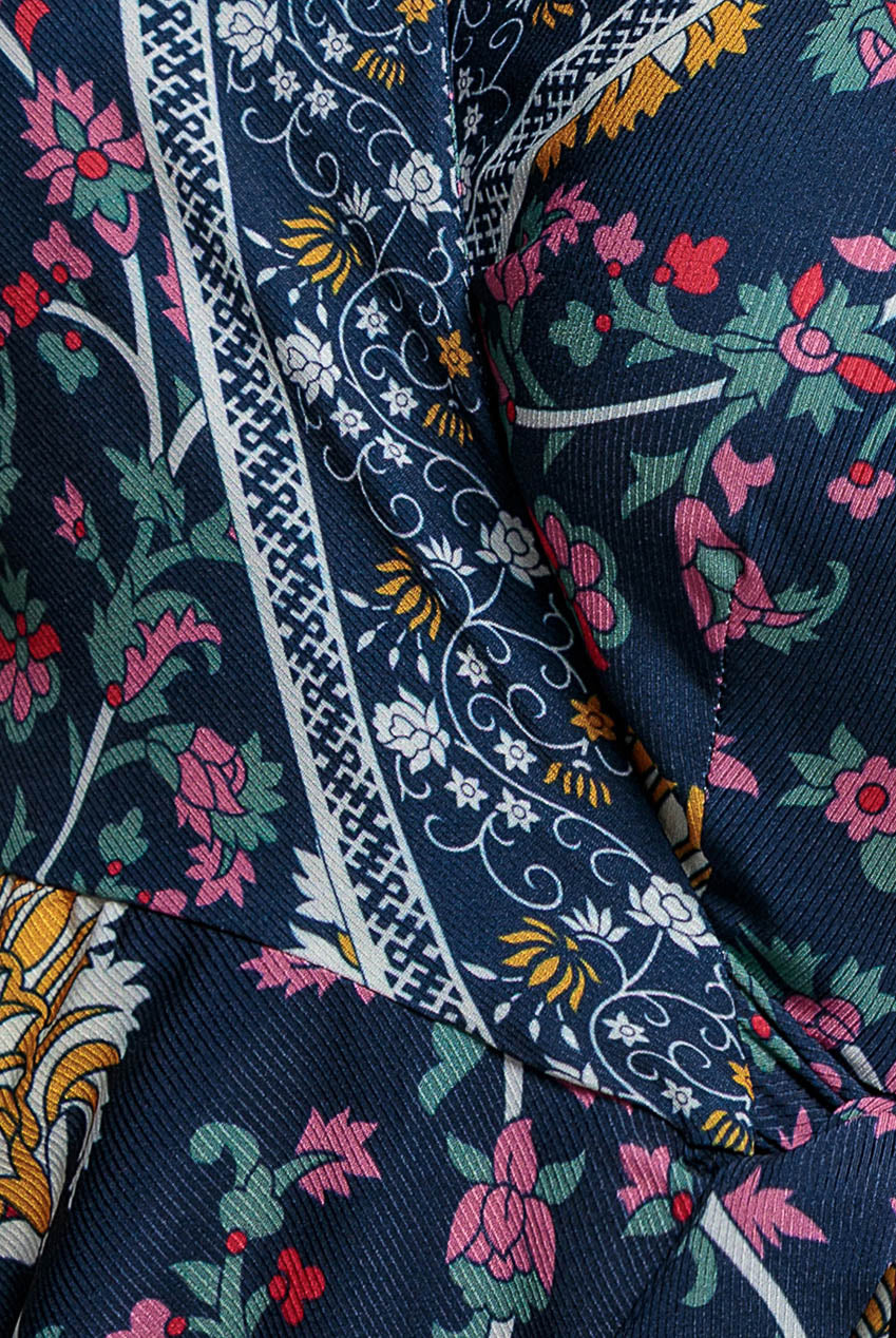 Navy Floral Print Satin Wrap Flutter Sleeve Midi Dress DR3440