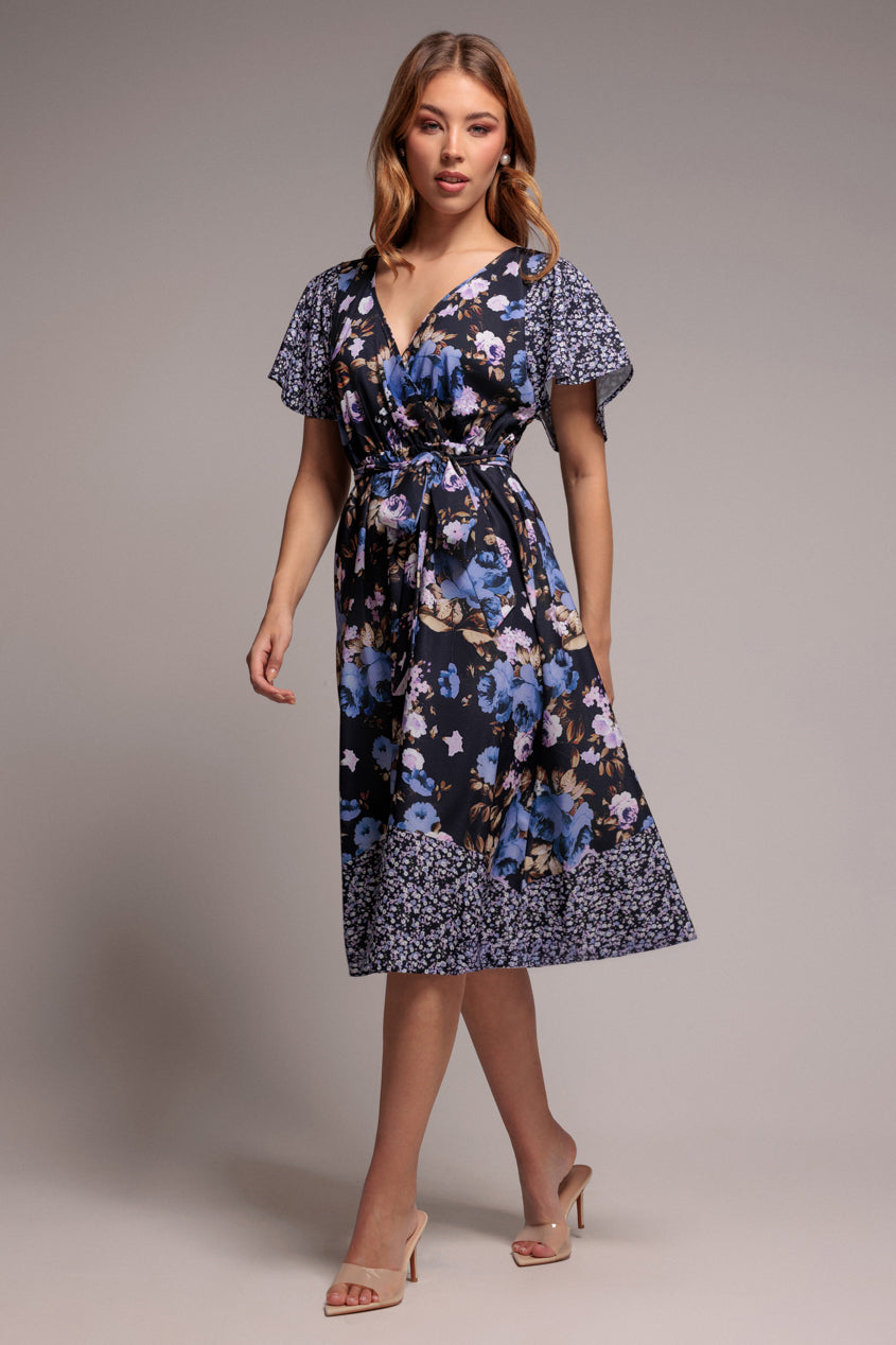 Navy Print Flutter Sleeve A-Line Midi Dress DR3462