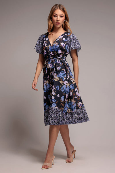 Navyprint - Navy Print Flutter Sleeve A-Line Midi Dress by Goddiva