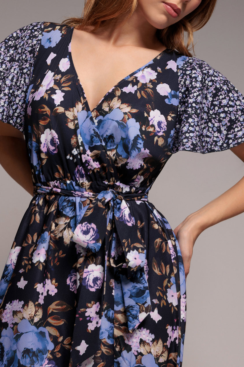 Navy Print Flutter Sleeve A-Line Midi Dress DR3462