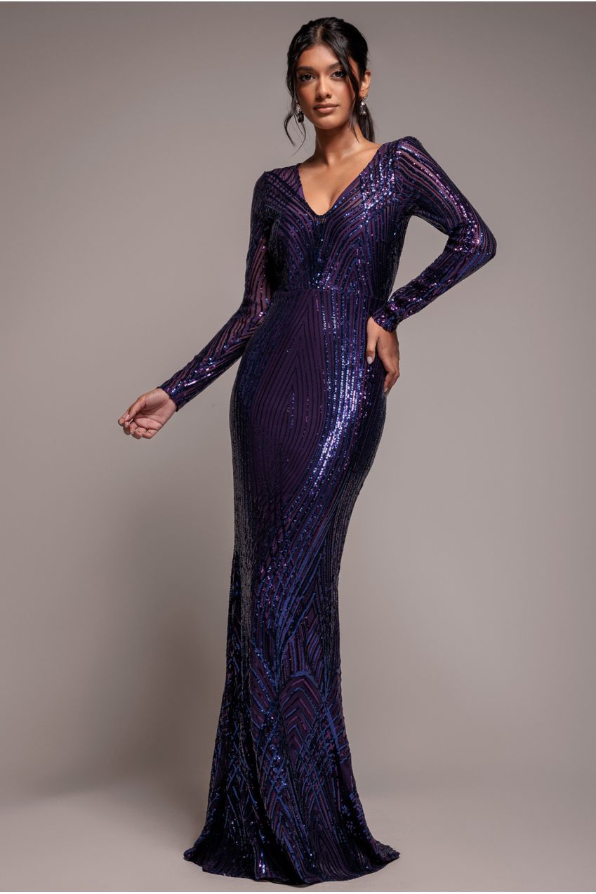 Purple Two-Tone Sequin V-Neck Cocktail Maxi Dress DR3494