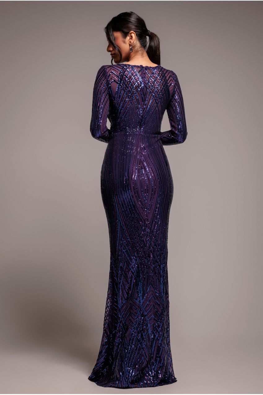 Purple Two-Tone Sequin V-Neck Cocktail Maxi Dress DR3494