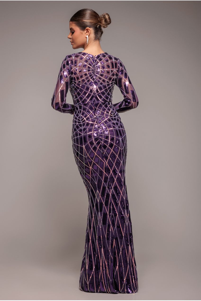 Purple Geometric Sequin Long Sleeve Cocktail Maxi Dress DR3495