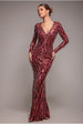 Wine Geometric Sequin Long Sleeve Cocktail Maxi Dress by Goddiva