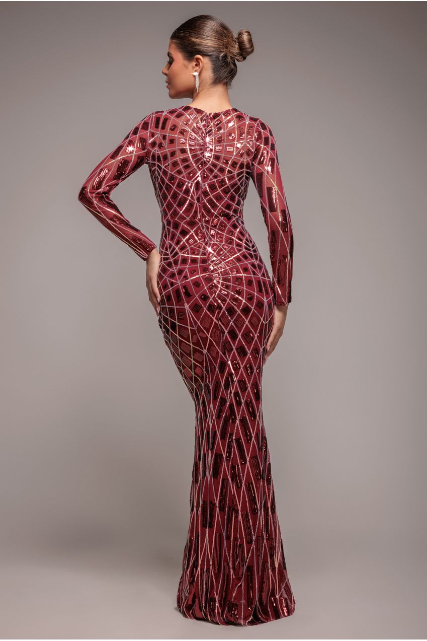 Wine Geometric Sequin Long Sleeve Cocktail Maxi Dress DR3495
