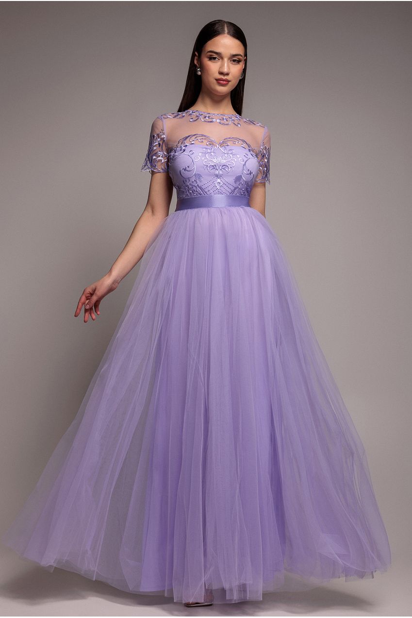 Lilac Embroidered Mesh A-Line Maxi Dress DR3584