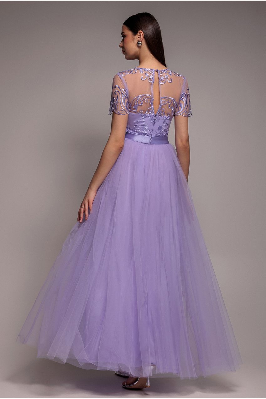 Lilac Embroidered Mesh A-Line Maxi Dress DR3584
