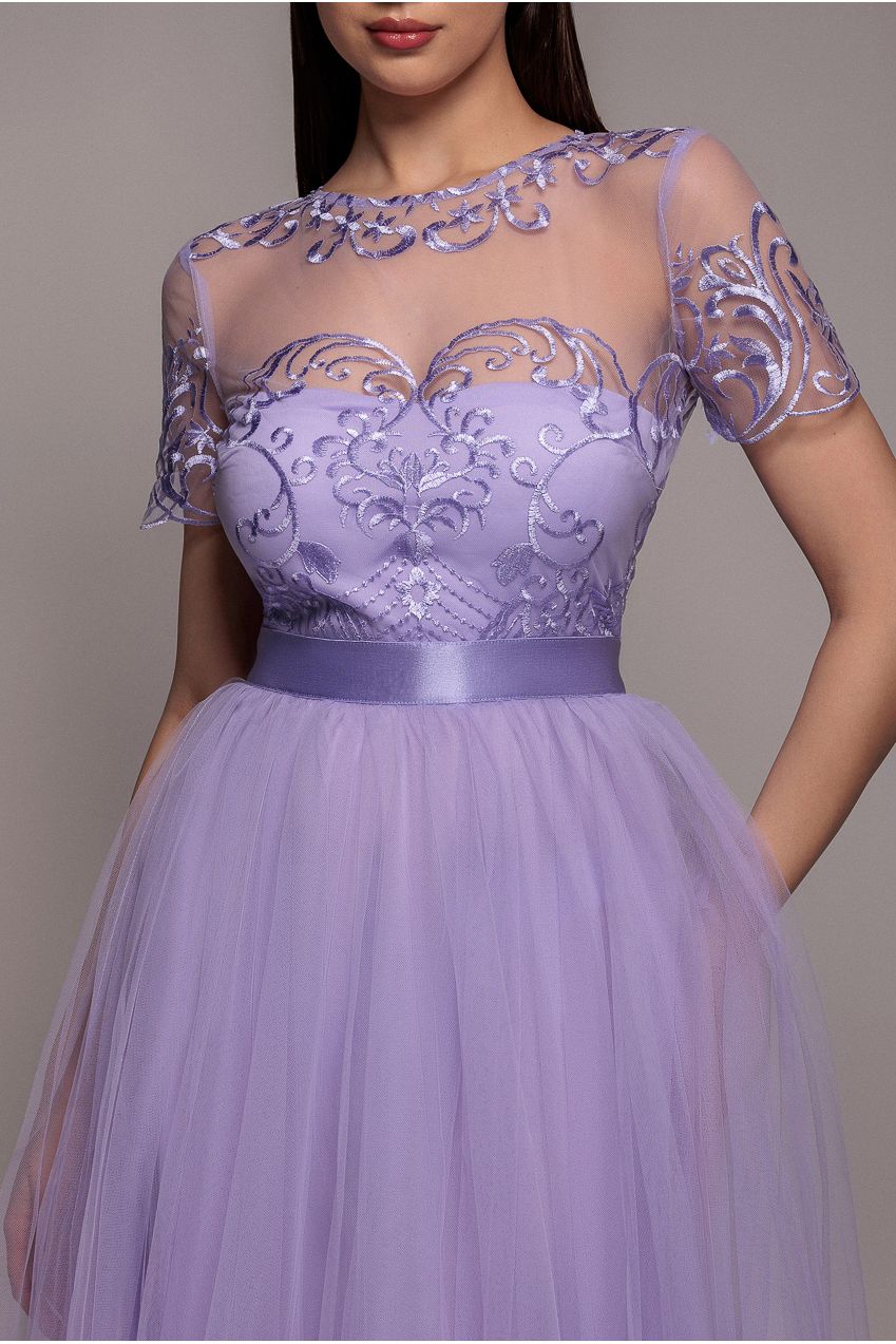 Lilac Embroidered Mesh A-Line Maxi Dress DR3584