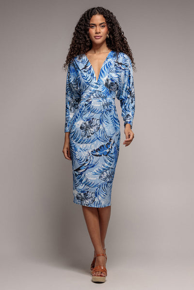 Blue - Blue Tropical Print Batwing Sleeve Midi Dress by Goddiva