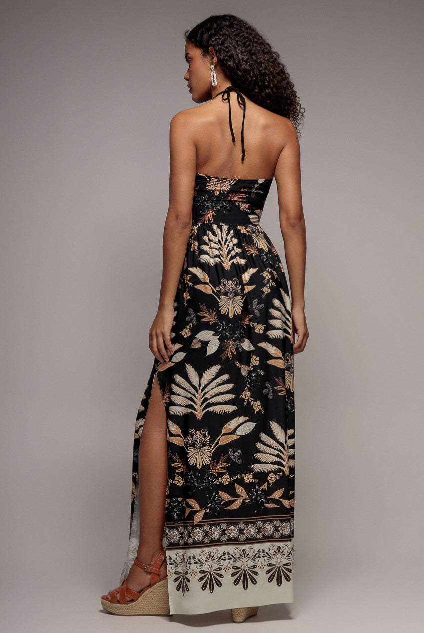 Black Printed Tie-Back Flowy Maxi Dress DR3663