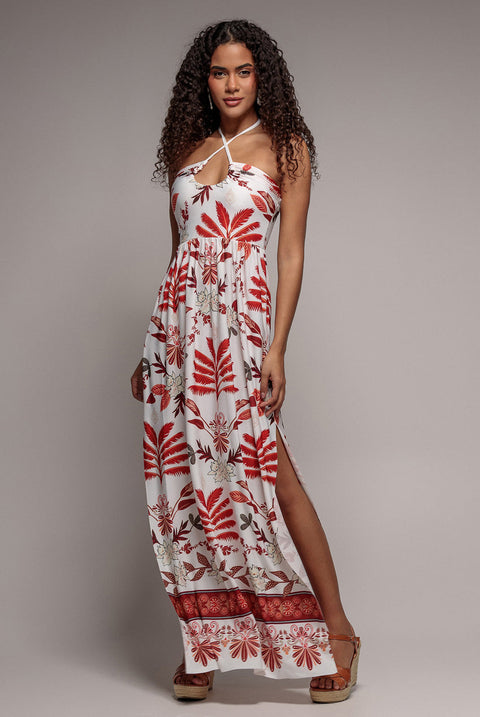 Cream Printed Tie-Back Flowy Maxi Dress by Goddiva