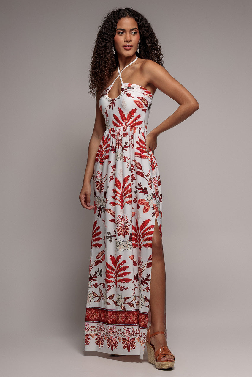 Cream Printed Tie-Back Flowy Maxi Dress DR3663