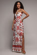 Cream Printed Tie-Back Flowy Maxi Dress by Goddiva