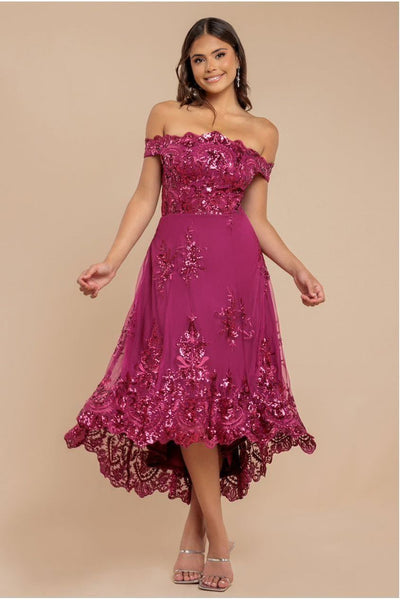 Magenta - Magenta Sequin & Lace Off-Shoulder High-Low Midi Dress by Goddiva