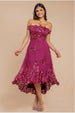 Magenta Sequin & Lace Off-Shoulder High-Low Midi Dress by Goddiva
