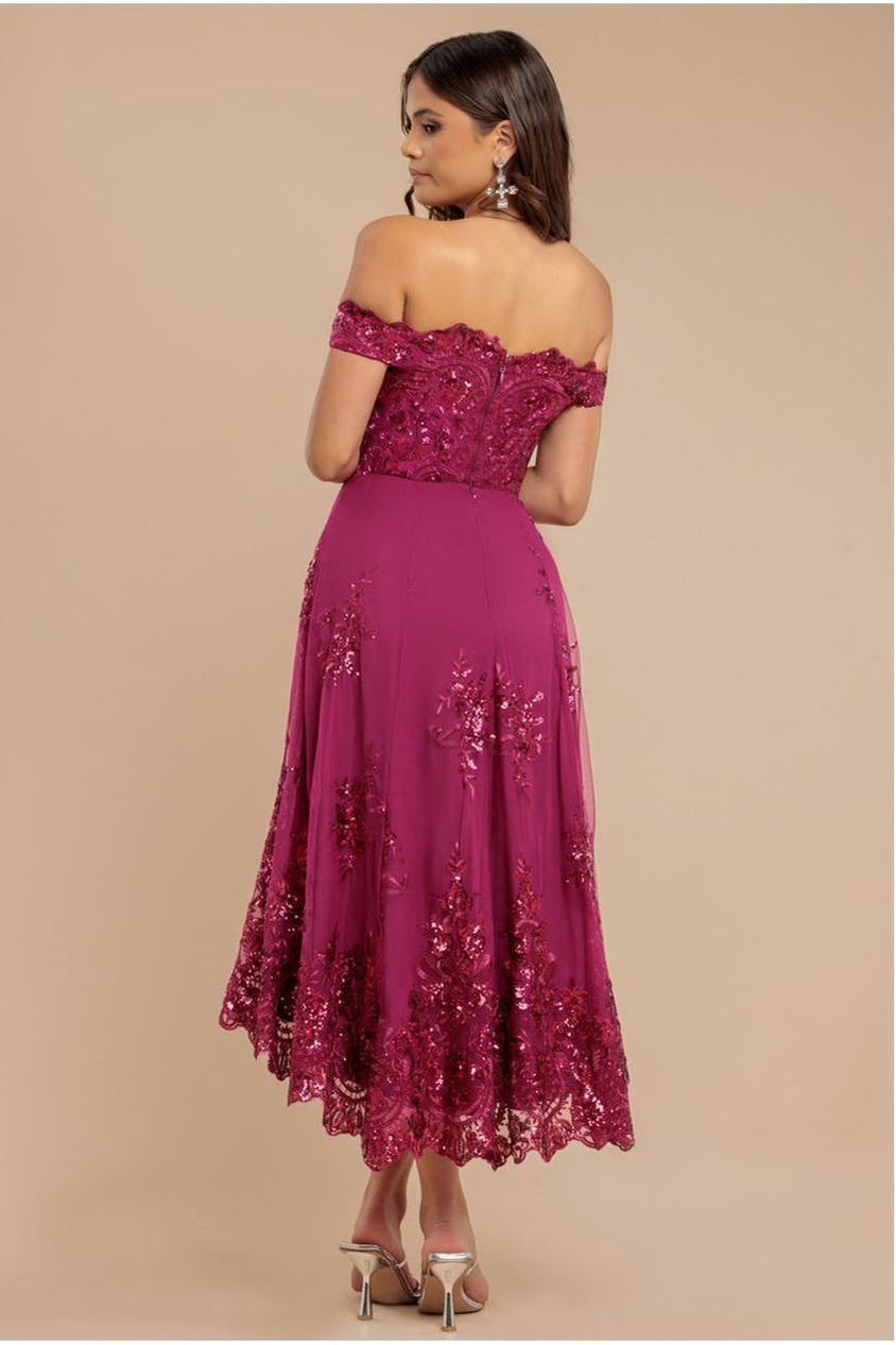Magenta Sequin & Lace Off-Shoulder High-Low Midi Dress DR3675
