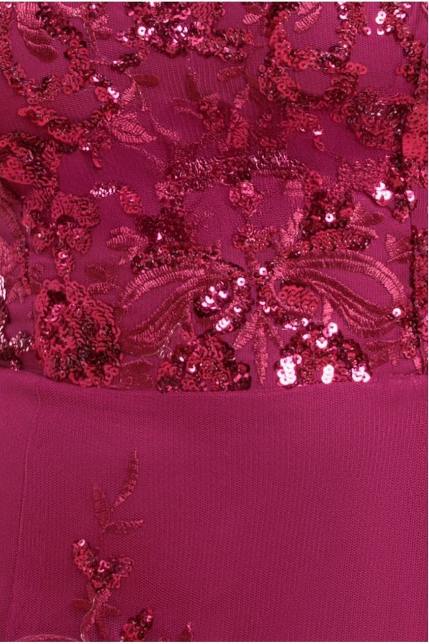 Magenta Sequin & Lace Off-Shoulder High-Low Midi Dress DR3675