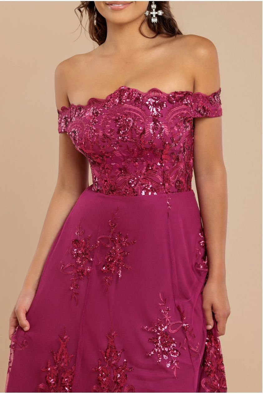 Magenta Sequin & Lace Off-Shoulder High-Low Midi Dress DR3675