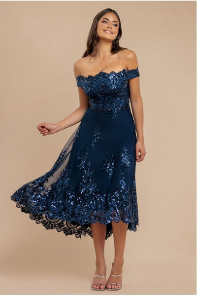 Navy - Navy Sequin & Lace Off-Shoulder High-Low Midi Dress by Goddiva