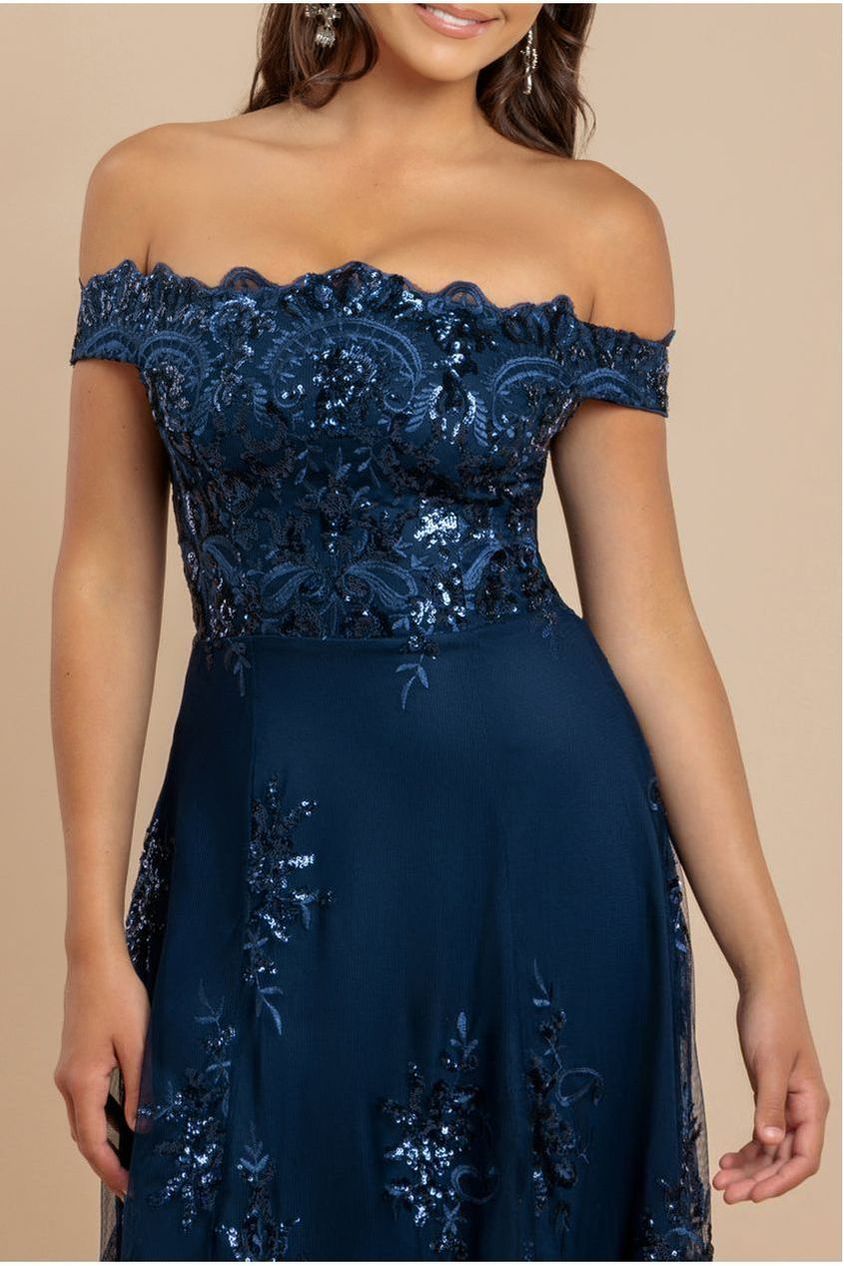 Navy Sequin & Lace Off-Shoulder High-Low Midi Dress DR3675