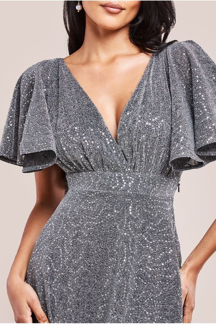 Silver Sequin Shimmer Flutter Sleeve Cocktail Maxi Dress DR3680