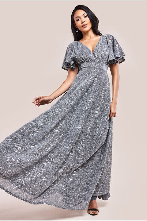 Silver Sequin Shimmer Flutter Sleeve Cocktail Maxi Dress by Goddiva