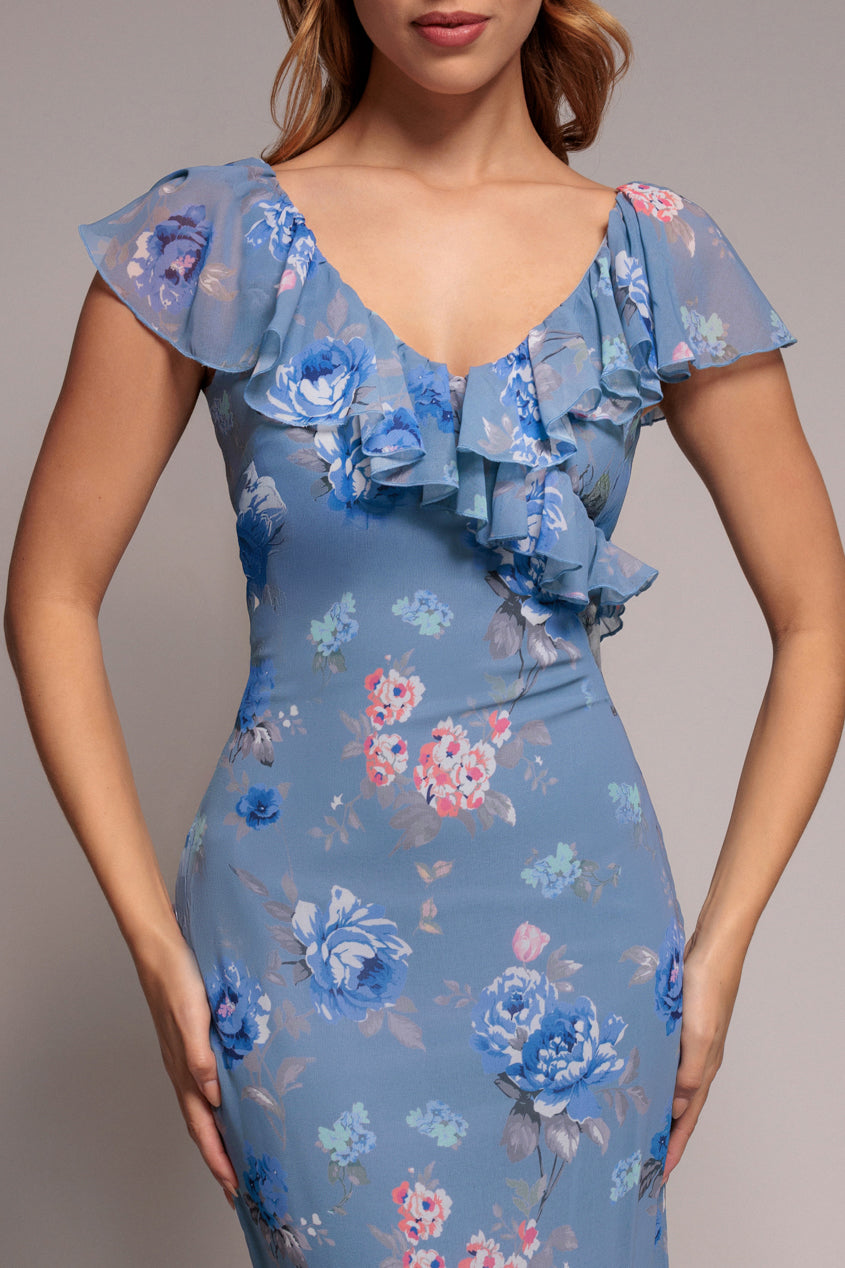 Blue Floral Ruffle Flowy Chiffon Maxi Dress DR3750