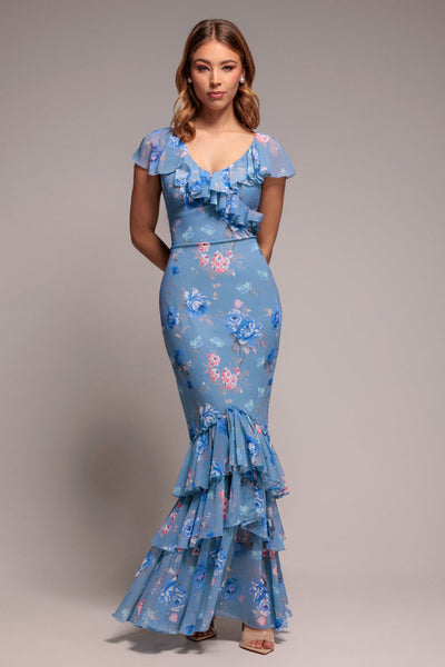 Blue - Blue Floral Ruffle Flowy Chiffon Maxi Dress by Goddiva