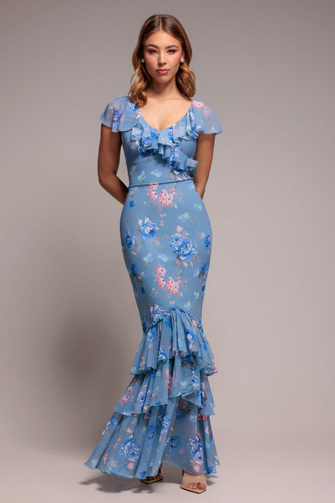 Blue Floral Ruffle Flowy Chiffon Maxi Dress by Goddiva