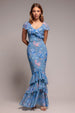 Blue Floral Ruffle Flowy Chiffon Maxi Dress by Goddiva