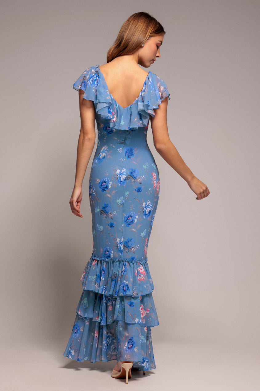 Blue Floral Ruffle Flowy Chiffon Maxi Dress DR3750