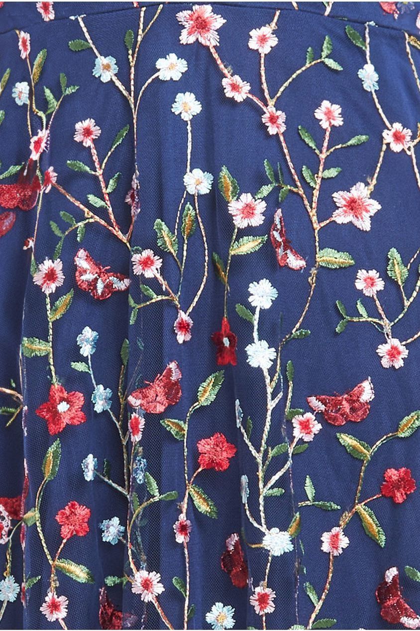 Navy Floral Embroidered Flutter Sleeve Maxi Dress DR3798
