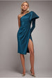 Blue Shimmer Lurex One Sleeve Frill Midi Dress by Goddiva