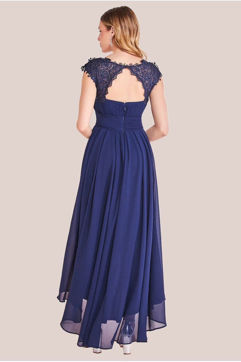 Navy Crochet & Pleated High-Low Maxi Dress DR3820
