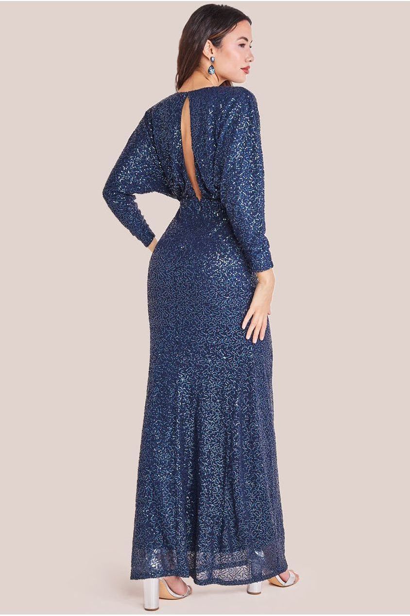 Navy Plunge V-Neck Embellished Sequin Cocktail Maxi Dress DR3833