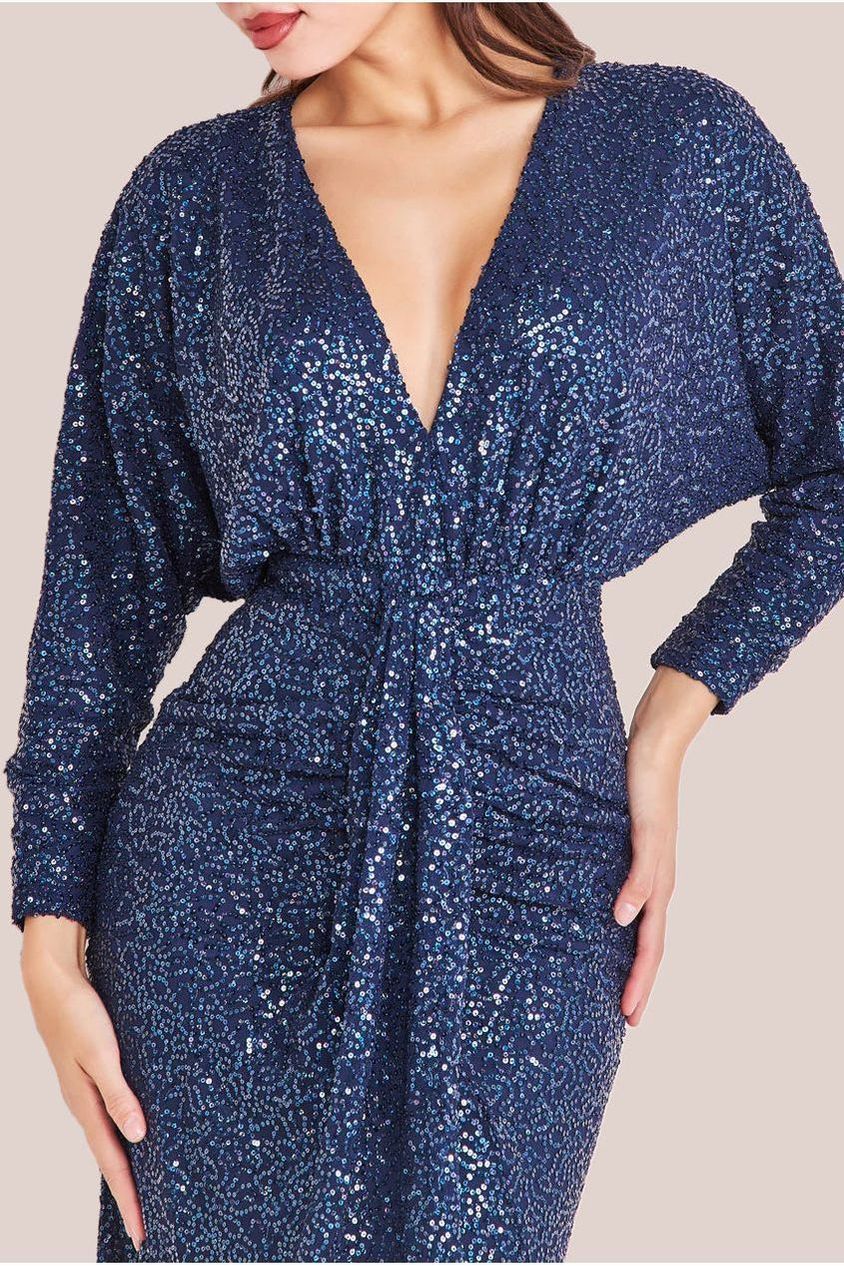 Navy Plunge V-Neck Embellished Sequin Cocktail Maxi Dress DR3833