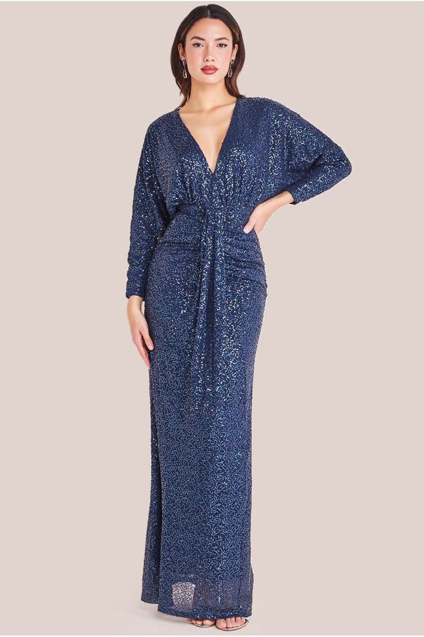 Navy Plunge V-Neck Embellished Sequin Cocktail Maxi Dress DR3833